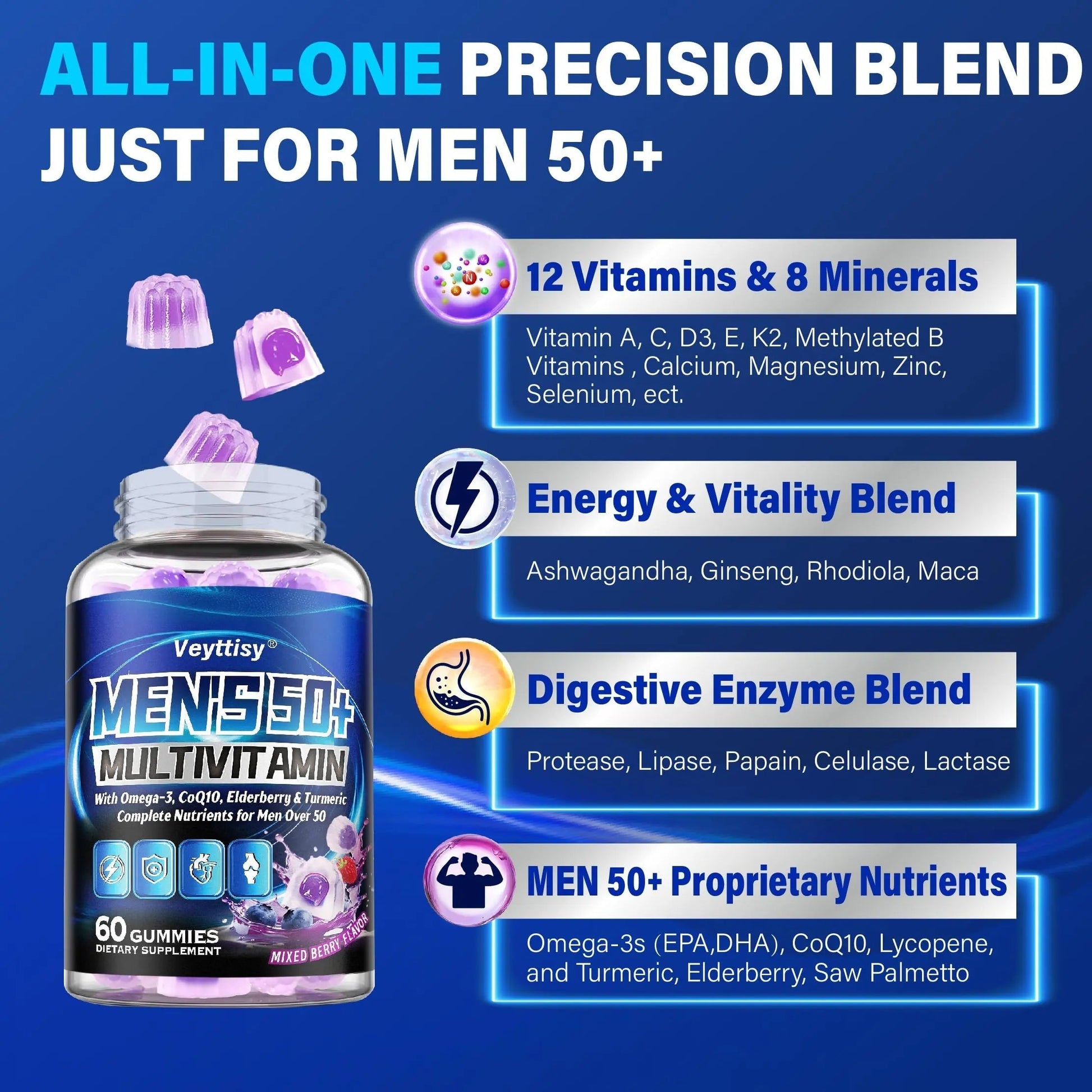 Sugar Free Multivitamin Gummies for Men 50 Plus - Methylated Multivitamin with Omega-3, CoQ10, Elderberry & Turmeric VeyttisyBuy Supplements Australia