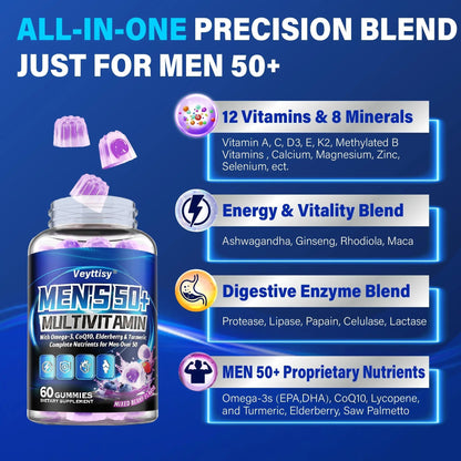 Sugar Free Multivitamin Gummies for Men 50 Plus - Methylated Multivitamin with Omega-3, CoQ10, Elderberry & Turmeric VeyttisyBuy Supplements Australia