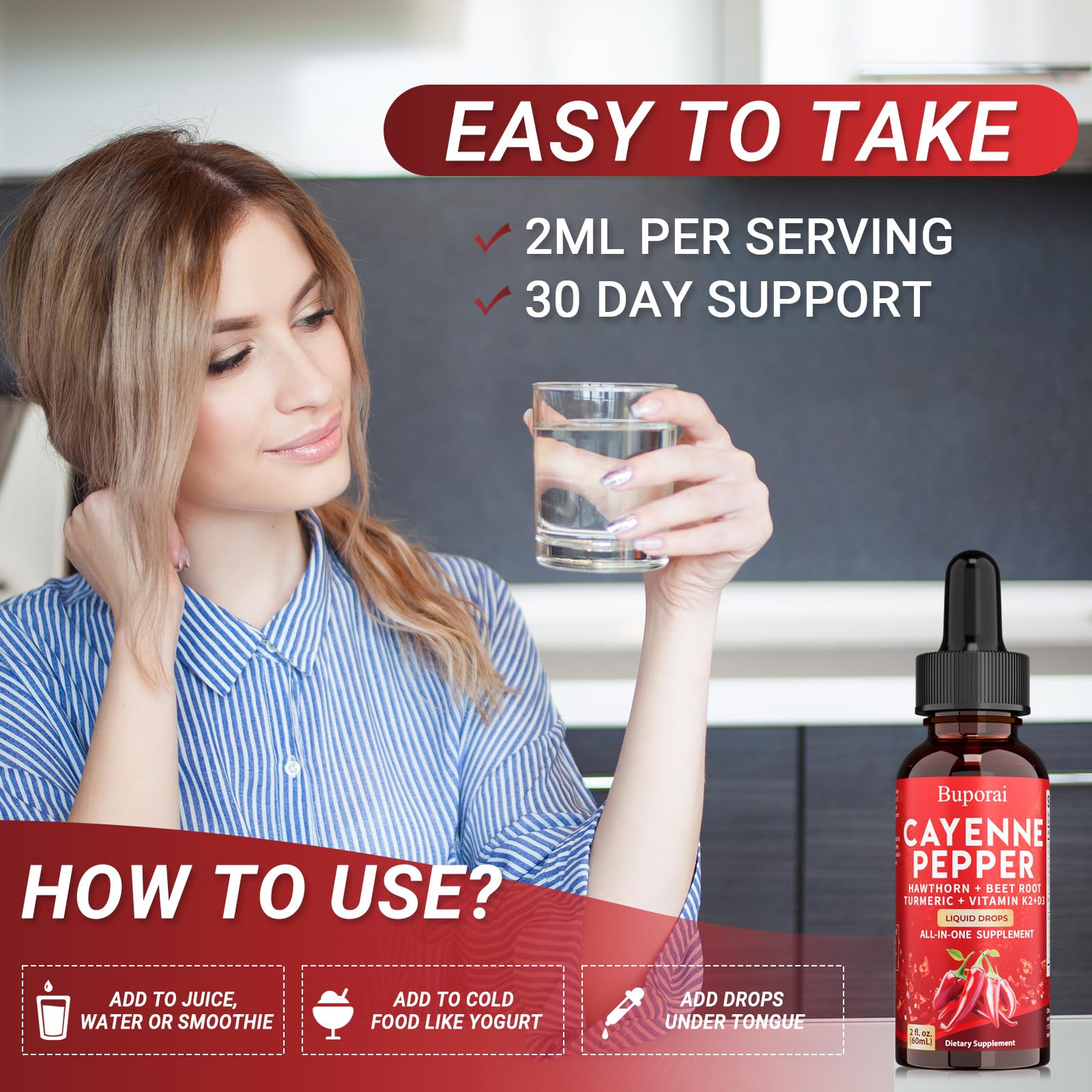 Buporai Cayenne Pepper Drops, Cayenne Pepper Extract Liquid Supplement for Overall Well-Being, 2 fl oz, Vitamin D3 K2 Beet Root Powder BuporaiBuy Supplements Australia