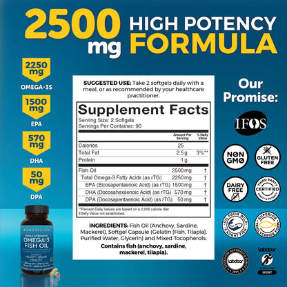 Triple Strength Fish Oil Omega 3 Supplements for Women and Men – 2500 mg High-Potency, Easy-to-Absorb Re-esterified Triglyceride Form, Pescatarian-Friendly DPA Omega 3