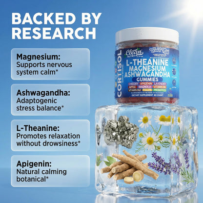 Clean Nutra Cortisol Supplement Gummies L-Theanine Magnesium Ashwagandha Apigenin Vitamin B6 Sleep and Calm Support Lavender Chicory Prebiotic Advanced Gummy Formula Clean NutraceuticalsBuy Supplements Australia