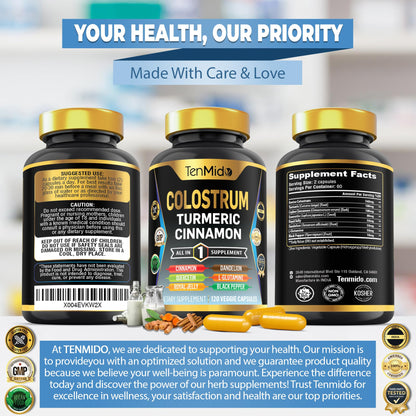 Tenmido Colostrum Supplement - 8in1 Formula - Combine with Turmeric, Ceylon Cinnamon, Quercetin, Royal Jelly, Dandelion, L- Glutamine, and Black Pepper - Digestive Health Support - 120 Capsules TenmidoBuy Supplements Australia