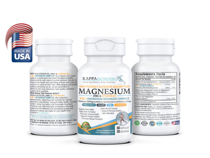 Kappa Nutrition Magnesium 4-in-1, 280mg Elemental Magnesium (Bisglycinate, Malate) + Zinc & Vitamin D3, Brain, Sleep, Energy, Muscle, Immune Support, 60 Vegan Capsules. KAPPA NUTRITIONBuy Supplements Australia