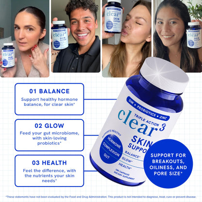 Clear Skin Supplement with Zinc, DIM & Probiotics | 3-in-1 Balance, Glow & Health Skin Support | Triple Action Hyaluronic Acid, Niaciminide & Vitamins for Hormone, Complexion & Gut Support | 180 Ct SMNutritionBuy Supplements Australia