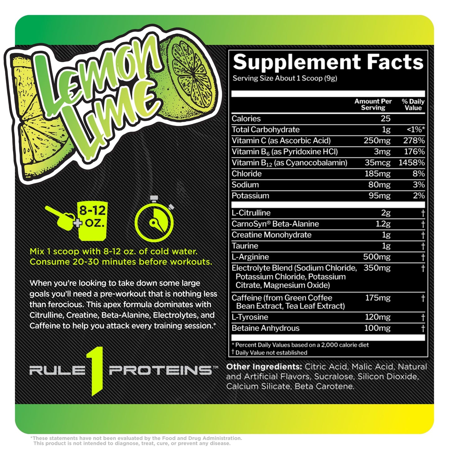 Rule 1 R1 Roar, Lemon Lime - 9.52 oz - Pre-Workout Powder - with Creatine, Beta-Alanine, Citrulline, Electrolytes & Caffeine - 30 Servings