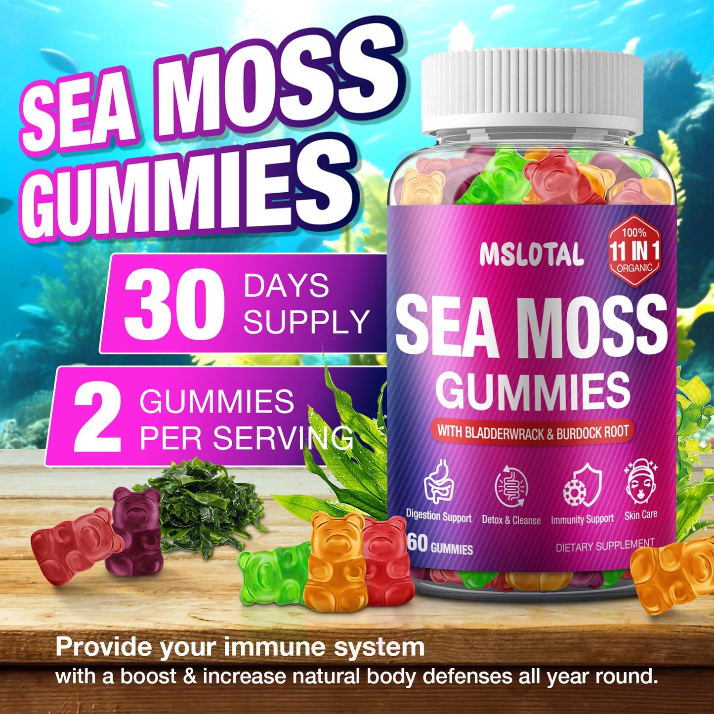 MSLOTAL Irish Sea Moss Gummies with Black Seed Oil, Ashwagandha Bladderwrack and Burdock Root, Organic Sea Moss Gummies for Women and Men with Shilajit, Immune Support, Vegan, 120 Gummies Totalss MSLOTALBuy Supplements Australia