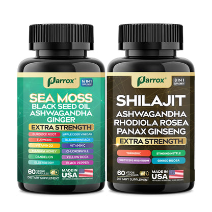 Parrox Shilajit and Sea Moss Bundle, Sea Moss 350mg, Black Seed Oil 200mg, Ashwagandha 100mg, Turmeric, Shilajit 300mg, Rhodiola Rosea 100mg, Panax Ginseng 50mg, Dynamic Vitality Bundle (2 Pack) ParroxBuy Supplements Australia