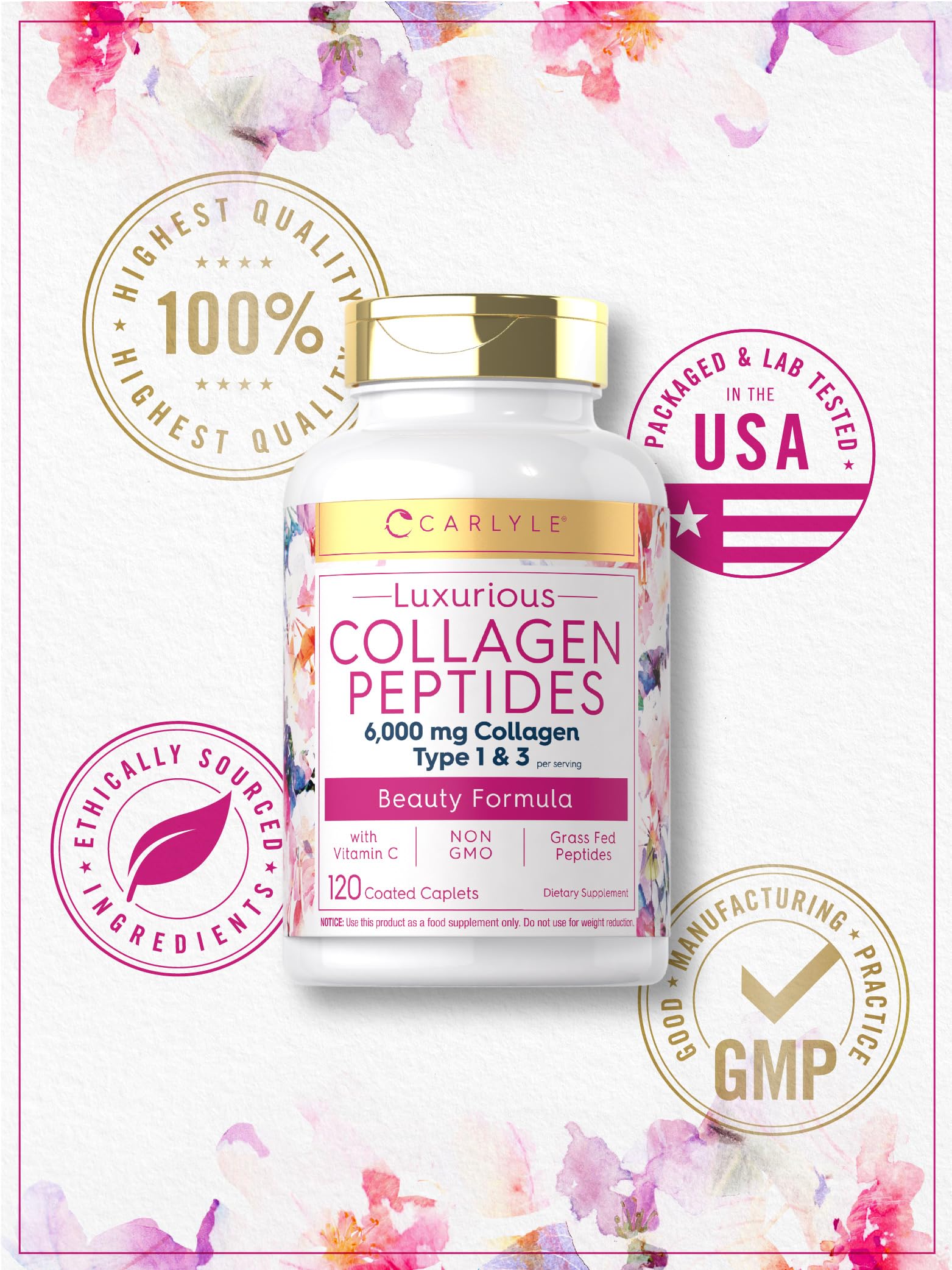 Carlyle Collagen with Vitamin C | 6000mg | 120 Caplets | Multi Collagen Peptide Pills CarlyleBuy Supplements Australia