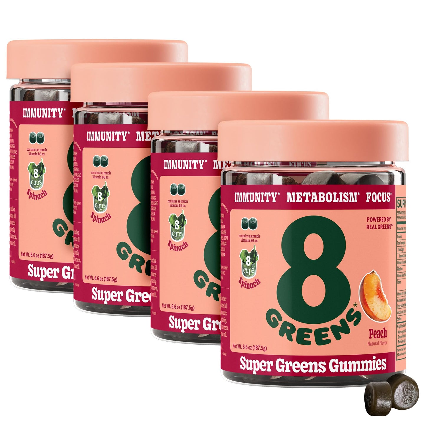 8Greens Supergreens Gummies | Super Greens Powder Superfood Gummy for Metabolism, Immunity & Focus, Digestive Health Enzymes, Organic: Chlorella, Spirulina, Aloe Vera, Peach Flavor, 200 Count 8GreensBuy Supplements Australia