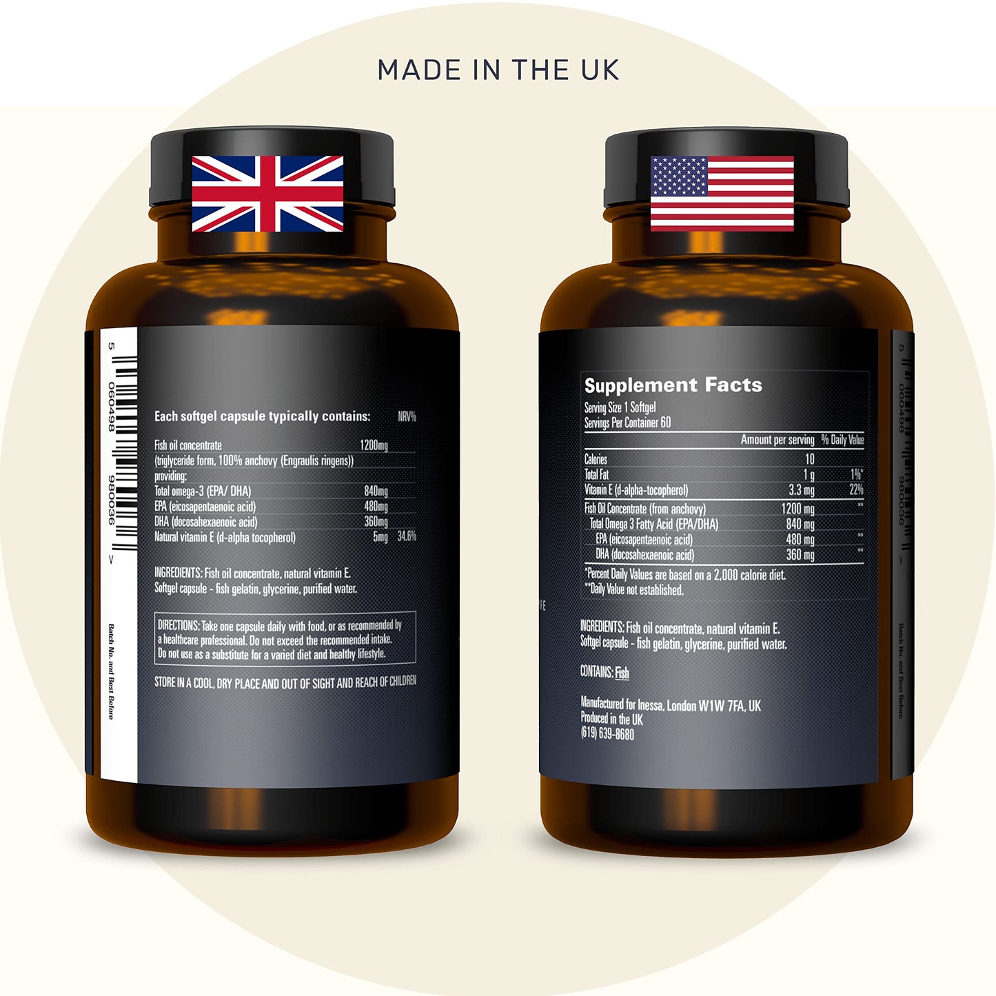 Omega 3 Fish Oil 1200mg (480mg EPA/360mg DHA per capsule) High Strength, Ultra Pure InessaBuy Supplements Australia