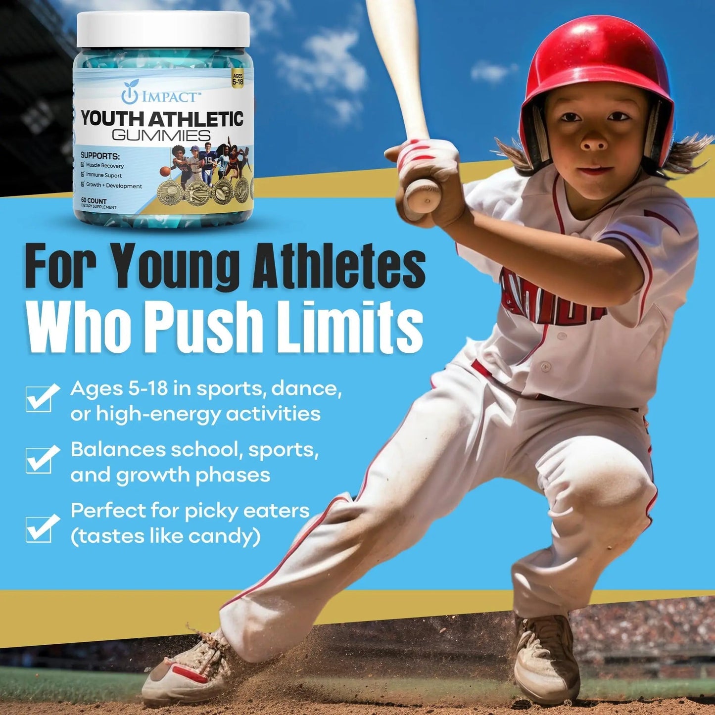 Youth Athletic Gummies – Kids Multivitamin Gummies with Essential Nutrients, Immune & Energy Support, Vegan & Gelatin-Free IMPACT