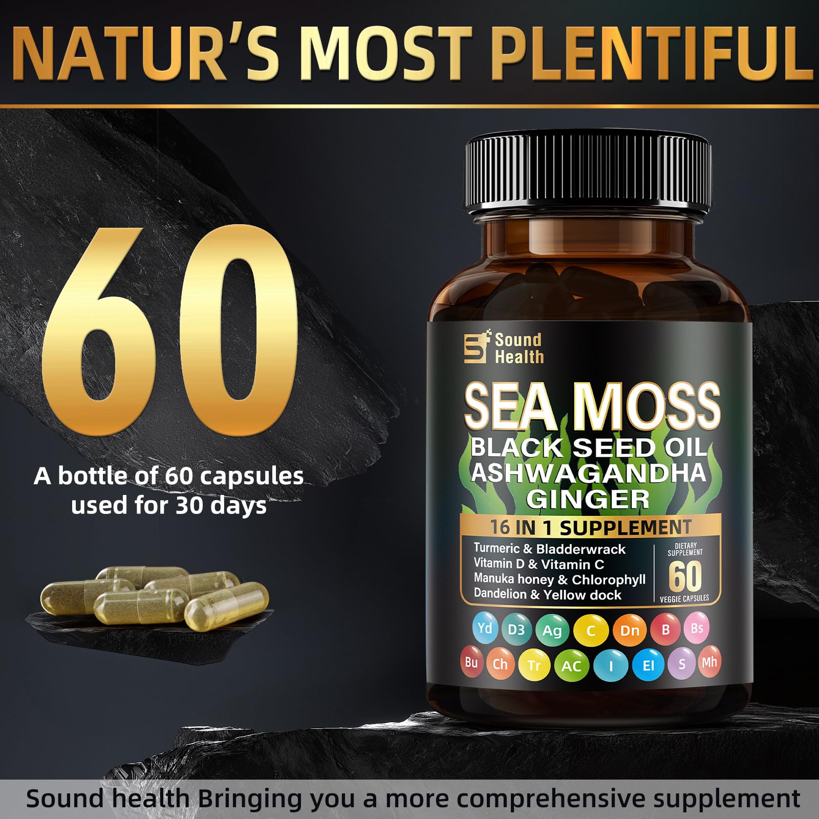 Sea Moss Capsules with Ashwagandha, Turmeric, Bladderwrack, Vitamins C & D for Natural Energy, Sleep Support & Hair Growth, 1200mg Herbal Blend, for Man & Women, Third-Party Tested，16-in-1 Supplement SoundHealthBuy Supplements Australia