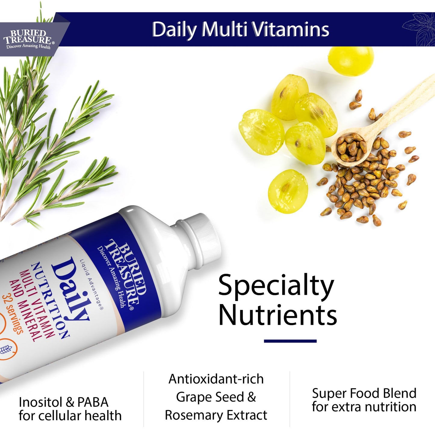 Buried Treasure Daily Nutrition Liquid Multivitamin and Mineral Supplement with Trace Minerals, Superfoods, Vitamin A, B-Complex, C, D, E, Methylfolate, Biotin, Magnesium, Zinc, Resveratrol, 32 serv Buried TreasureBuy Supplements Australia