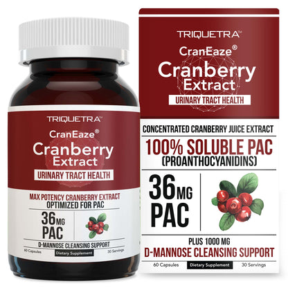 CranEaze®: Cranberry Juice Extract Plus D-Mannose – 36 mg PAC, 100% Soluble PAC - Supports Urinary Tract Health – Most Effective Cranberry Pills for Women,