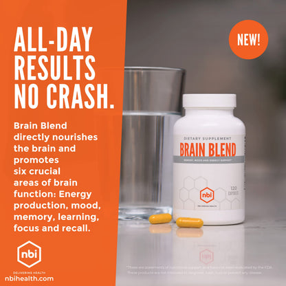 NBI Brain Blend for Memory, Focus, Concentration, Cognitive Function for Men & Women | Caffeine-Free with ALCAR, Alpha Lipoic Acid, Huperzine A, Turmeric | Nootropic | 120ct Capsules NBIBuy Supplements Australia