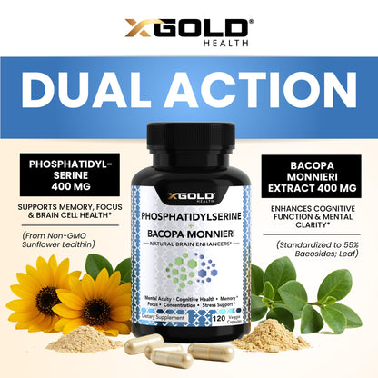 PhosphatidylSerine & Bacopa Monnieri 800 mg 2 in 1 Supplement - Natural Brain Enhancer/Nootropic for Enhanced Focus and Concentration, Memory Support, & Cognitive Function - 120 Vegetarian Capsules X Gold HealthBuy Supplements Australia