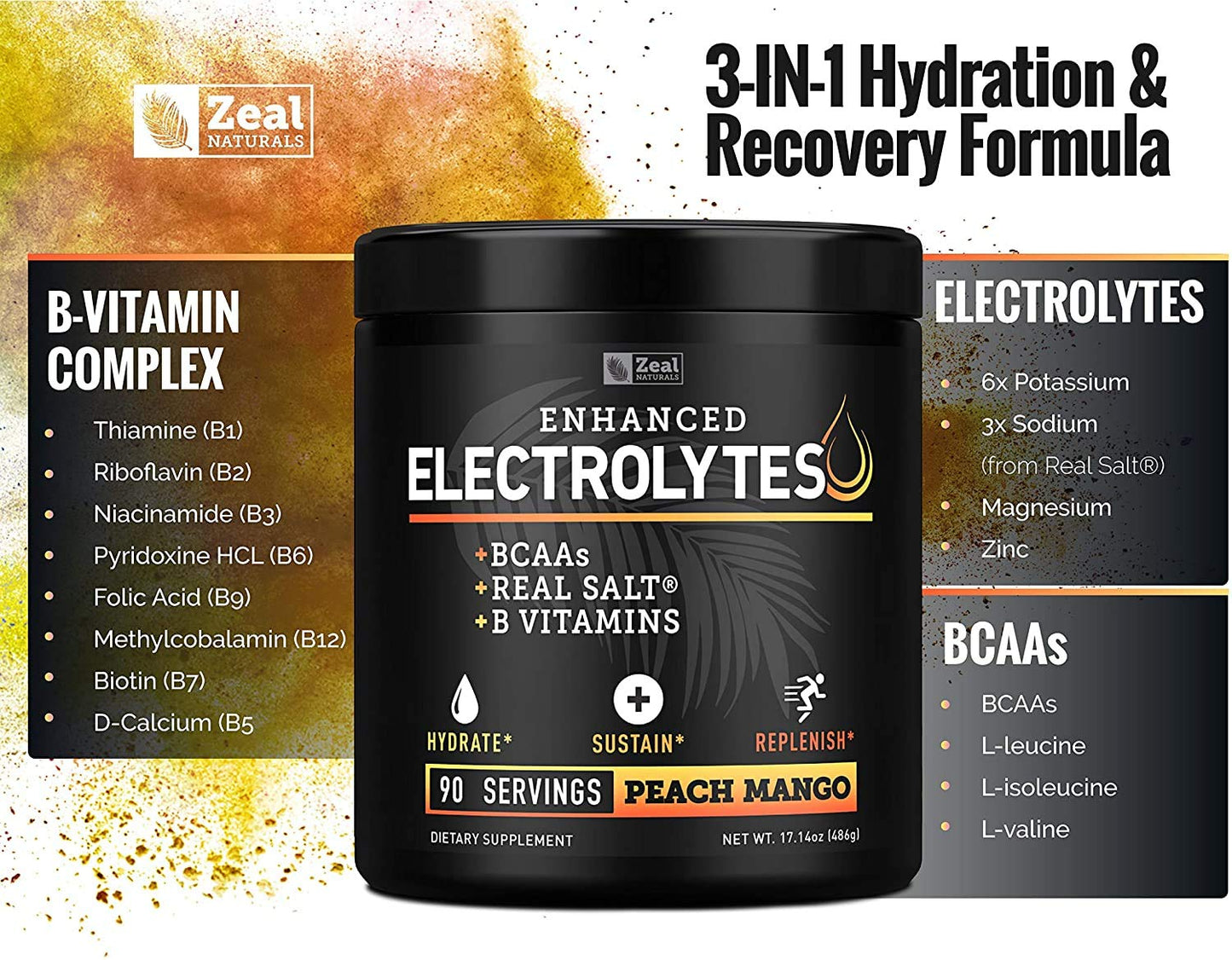 Enhanced Electrolyte Powder (Peach Mango | 90ct.) + BCAA, B-Vitamins & Real Salt Zeal NaturalsBuy Supplements Australia
