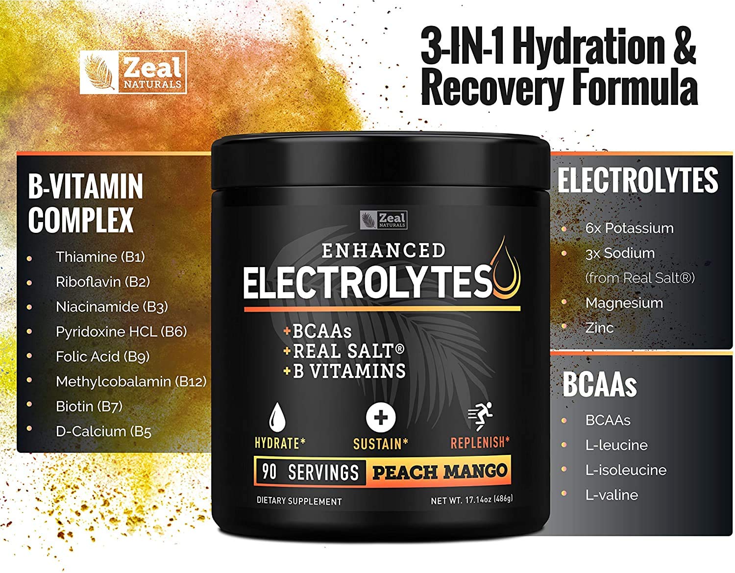 Enhanced Electrolyte Powder (Peach Mango | 90ct.) + BCAA, B-Vitamins & Real Salt Zeal NaturalsBuy Supplements Australia