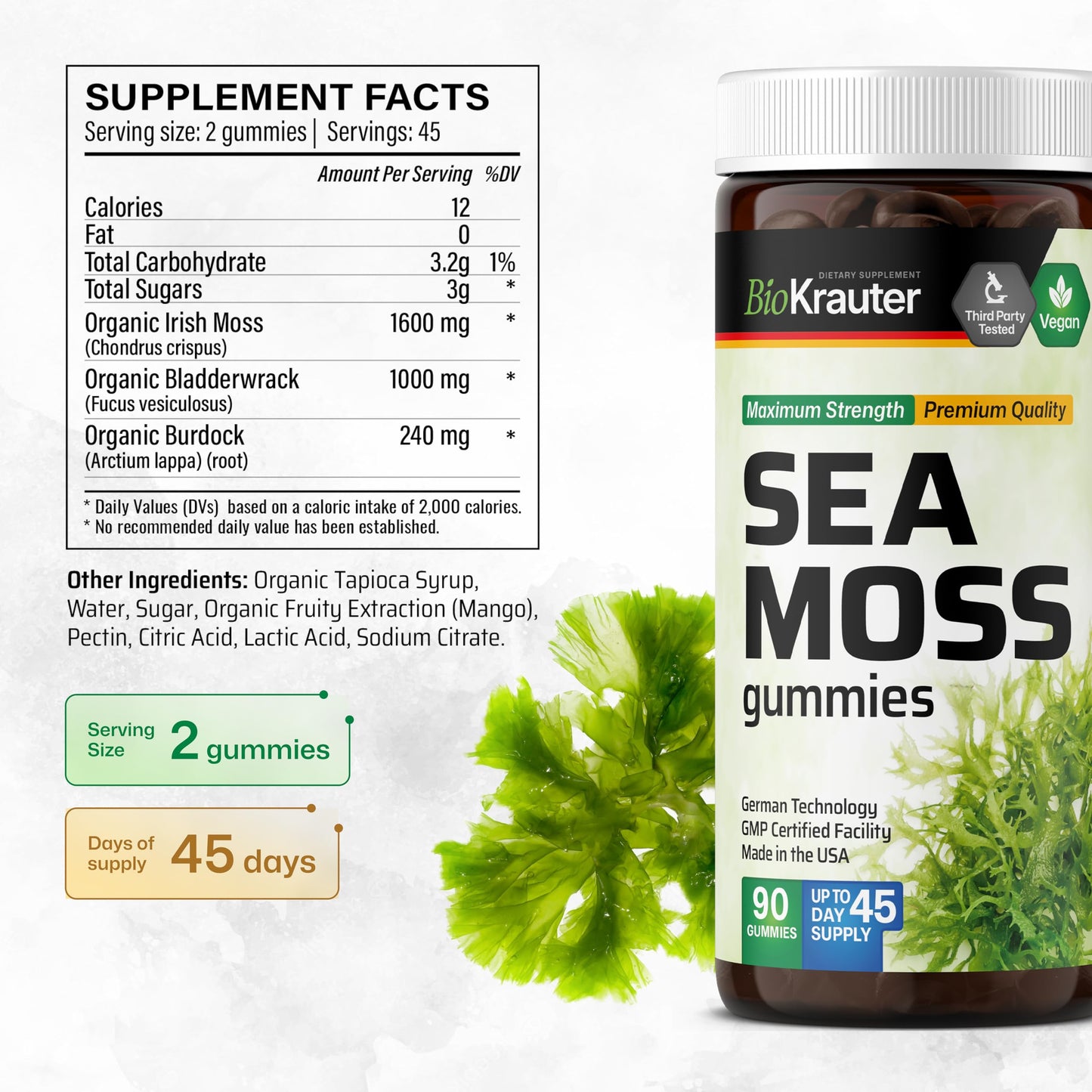 BIO KRAUTER® 3-in-1 Sea Moss for Thyroid Support - Vegan Sea Moss Gummies with Bladderwrack & Burdock Root for Women & Men - 90 Gummies Chondrus Crispus Formula, 45 Days of Supply, Mango Flavor BIO KRAUTERBuy Supplements Australia