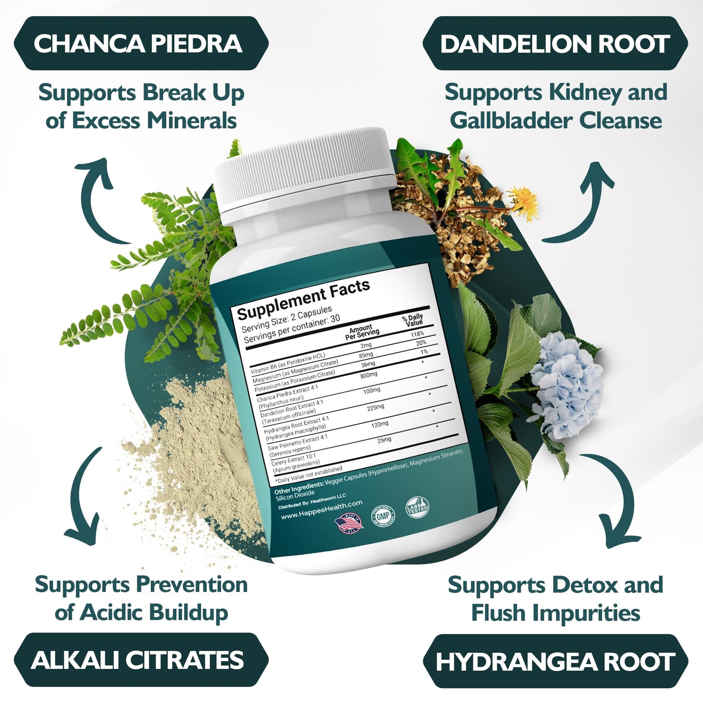Happee Chanca Piedra Stone Breaker Kidney & Gallbladder Cleanse – Kidney Stone Dissolver & Passage Support - High Potency Phyllanthus Niruri with Magnesium, Potassium & Herbal Blend - 60 Capsules HappeeBuy Supplements Australia