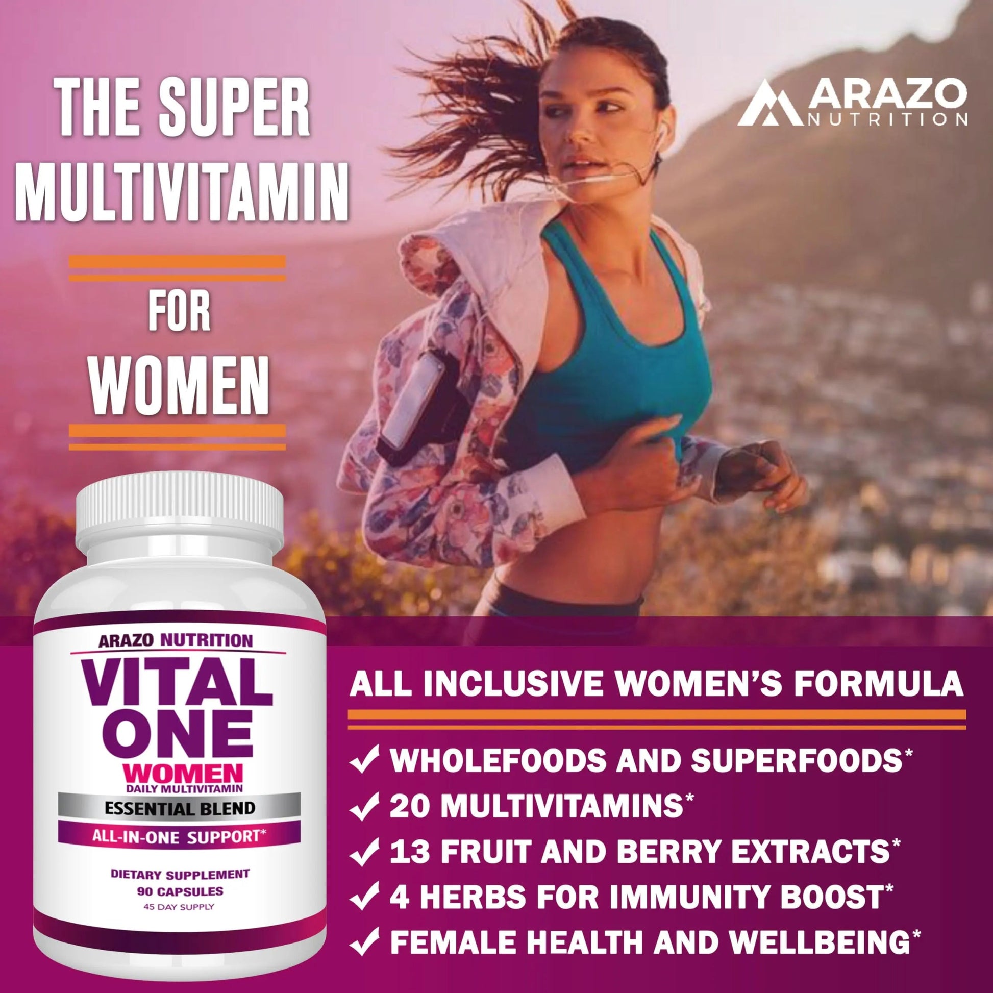 Arazo Nutrition Vital One Multivitamin for Women - Daily Wholefood Supplement - 90 Vegan Capsules Arazo Nutrition