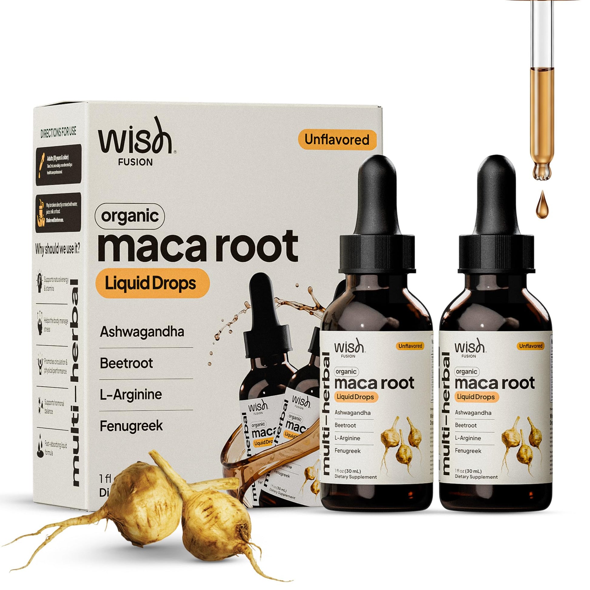Wish Fusion Maca Root Liquid Drops 2 Pack Organic Maca Root Drops for Energy Support Hormone Balance, Mood Maca Root, Ashwagandha & Tongkat Ali Blend, Liquid Maca Root Extract Fenugreek & Beetroot Wish FusionBuy Supplements Australia