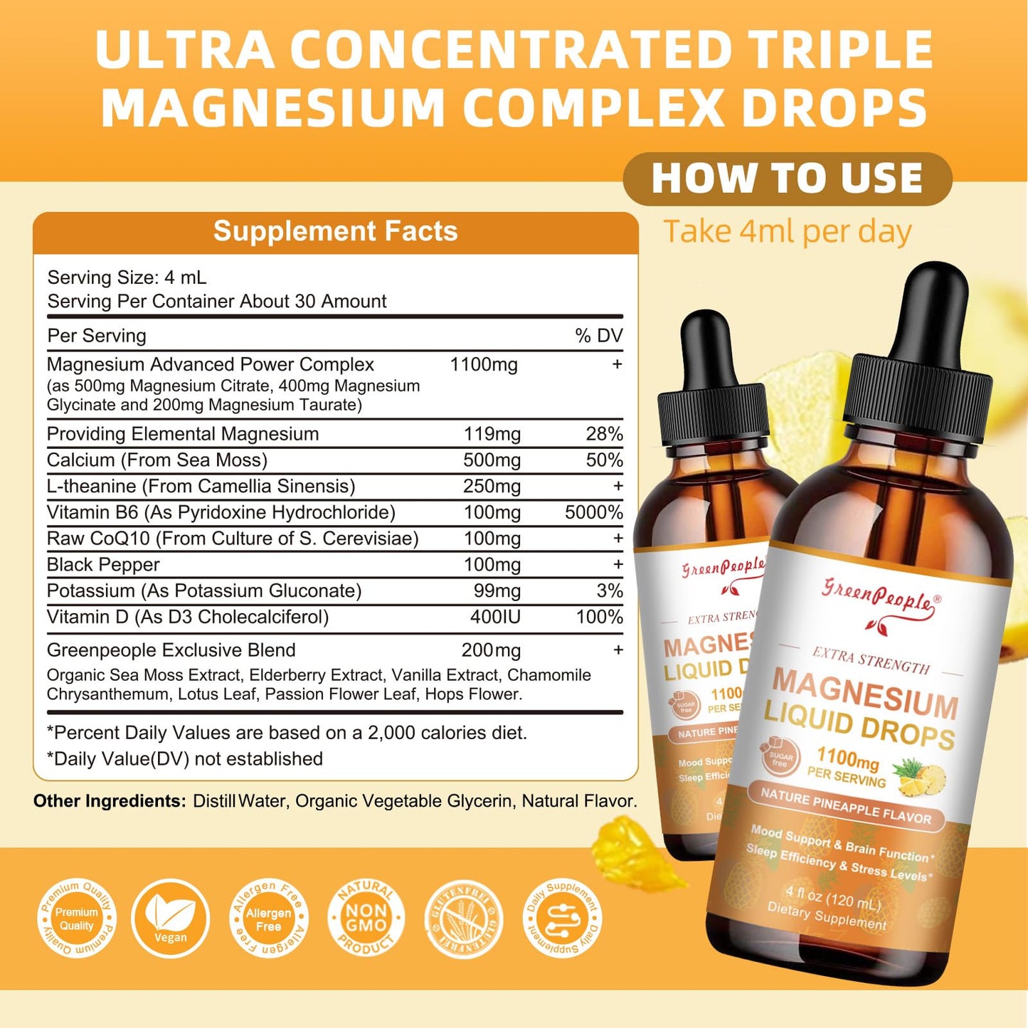 GREENPEOPLE Magnesium Glycinate Liquid Drop - 17-in-1 4Fl. Oz Triple Magnesium Complex Supplement with Glycinate 400mg & Citrate 500mg Taurate/L-Theanine for Calm Mood/Muscle/Sleep,Pineapple Flavor GREENPEOPLEBuy Supplements Australia
