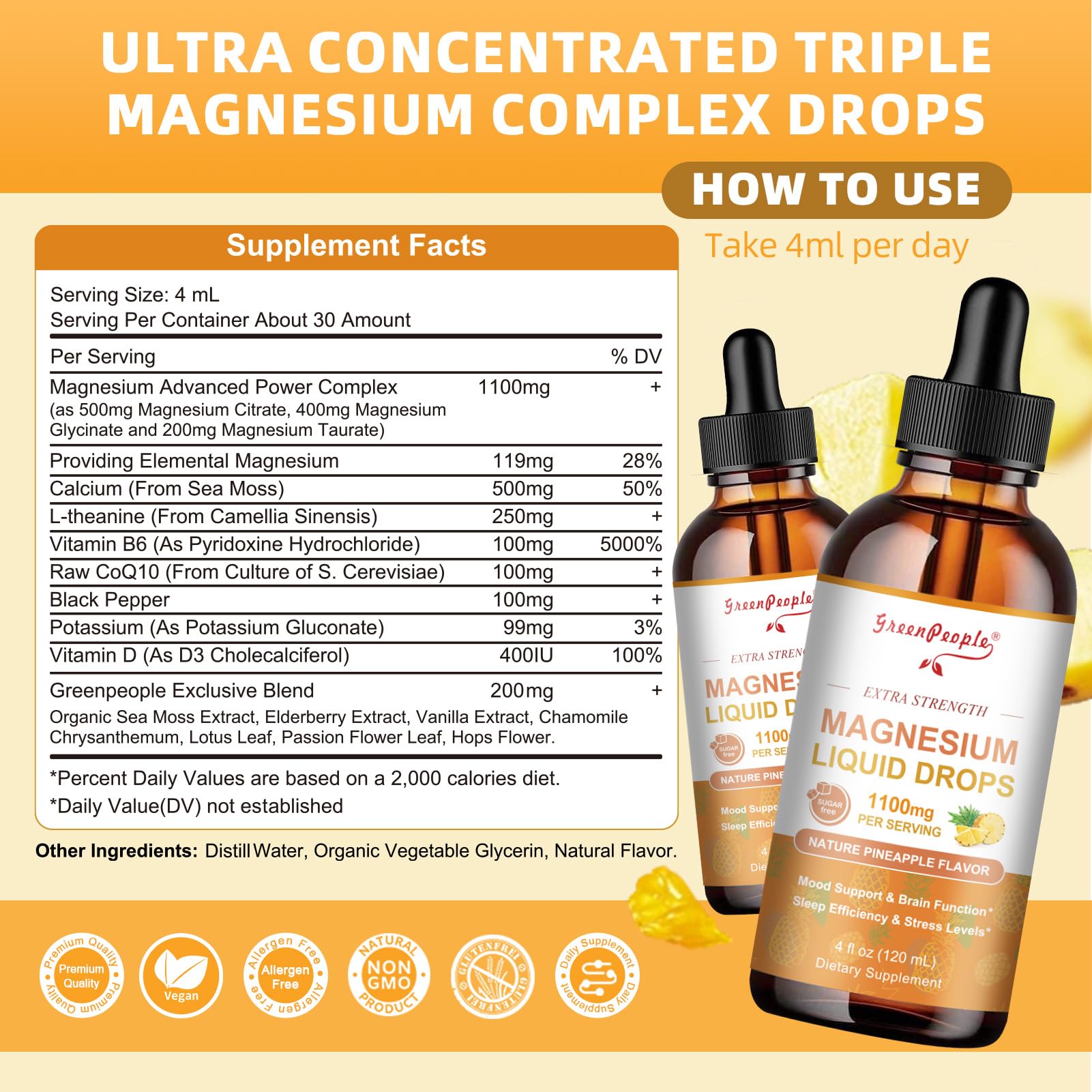 GREENPEOPLE Magnesium Glycinate Liquid Drop - 17-in-1 4Fl. Oz Triple Magnesium Complex Supplement with Glycinate 400mg & Citrate 500mg Taurate/L-Theanine for Calm Mood/Muscle/Sleep,Pineapple Flavor GREENPEOPLEBuy Supplements Australia