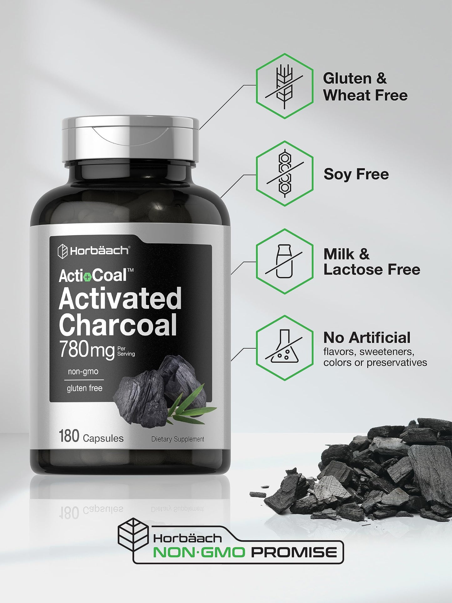 Charcoal Pills 780mg | 180 Capsules | Activated Charcoal from Coconut Shells | Non-GMO HorbäachBuy Supplements Australia