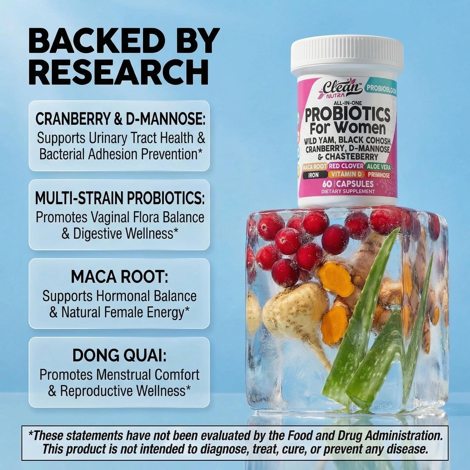 Clean Nutraceuticals Probiotics for Women with D Mannose, Cranberry Extract, Wild Yam, Chasteberry - 20 Probiotic and Prebiotic Strains - PH Balance, Womens Probiotic for Digestive Health - 60 Count Clean NutraceuticalsBuy Supplements Australia