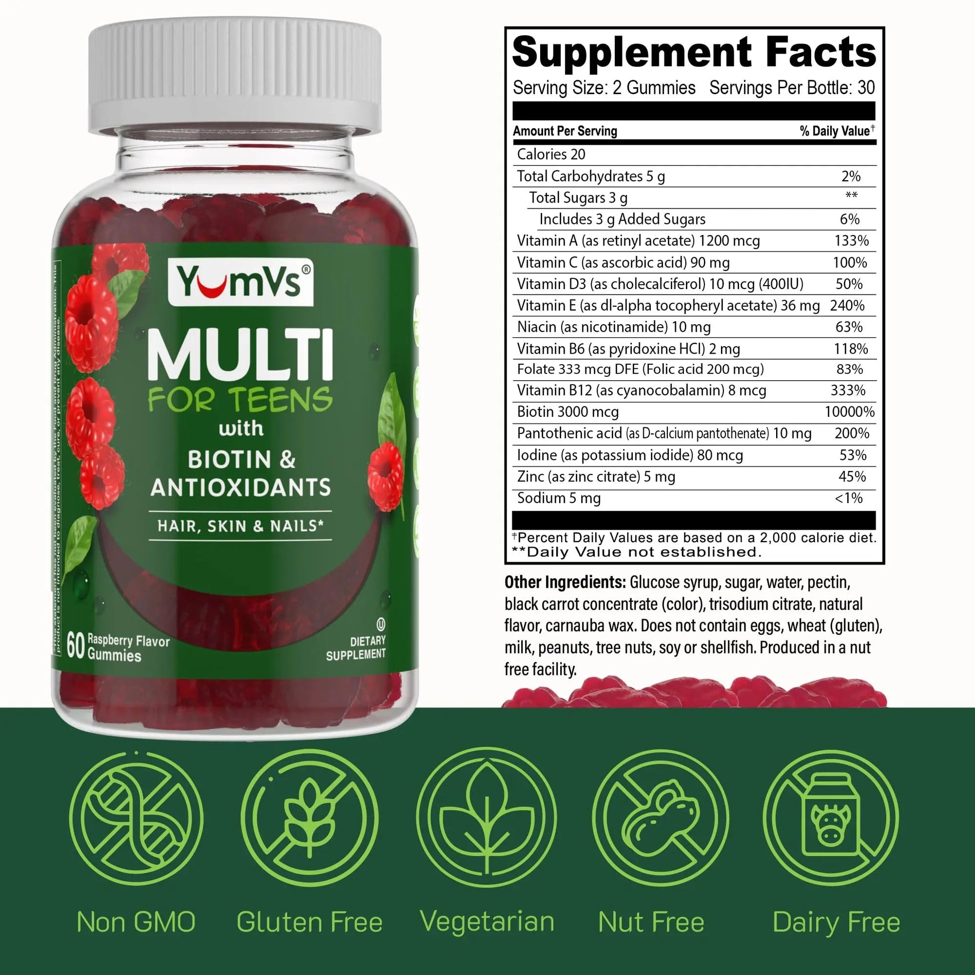 YumVs Teen Multivitamin Gummies with Biotin and Antioxidants - Raspberry Flavor - Hair Skin Nails Support - Kosher Teenager Vitamins YUM-V'SBuy Supplements Australia