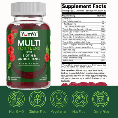 YumVs Teen Multivitamin Gummies with Biotin and Antioxidants - Raspberry Flavor - Hair Skin Nails Support - Kosher Teenager Vitamins YUM-V'SBuy Supplements Australia