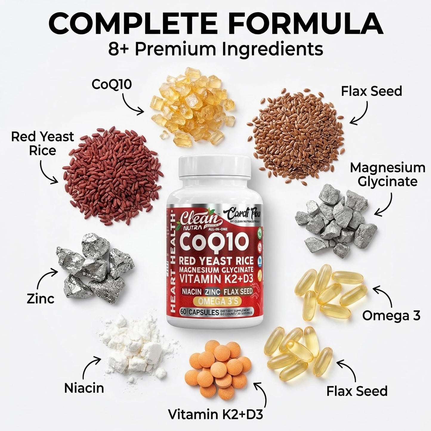 Clean Nutra CoQ10 Red Yeast Rice Magnesium Glycinate Vitamin K2 D3 Niacin Zinc Flax Seed Omega 3 Capsules 60 Count All in One Formula Premium Ingredients Dietary Supplement Clean NutraceuticalsBuy Supplements Australia