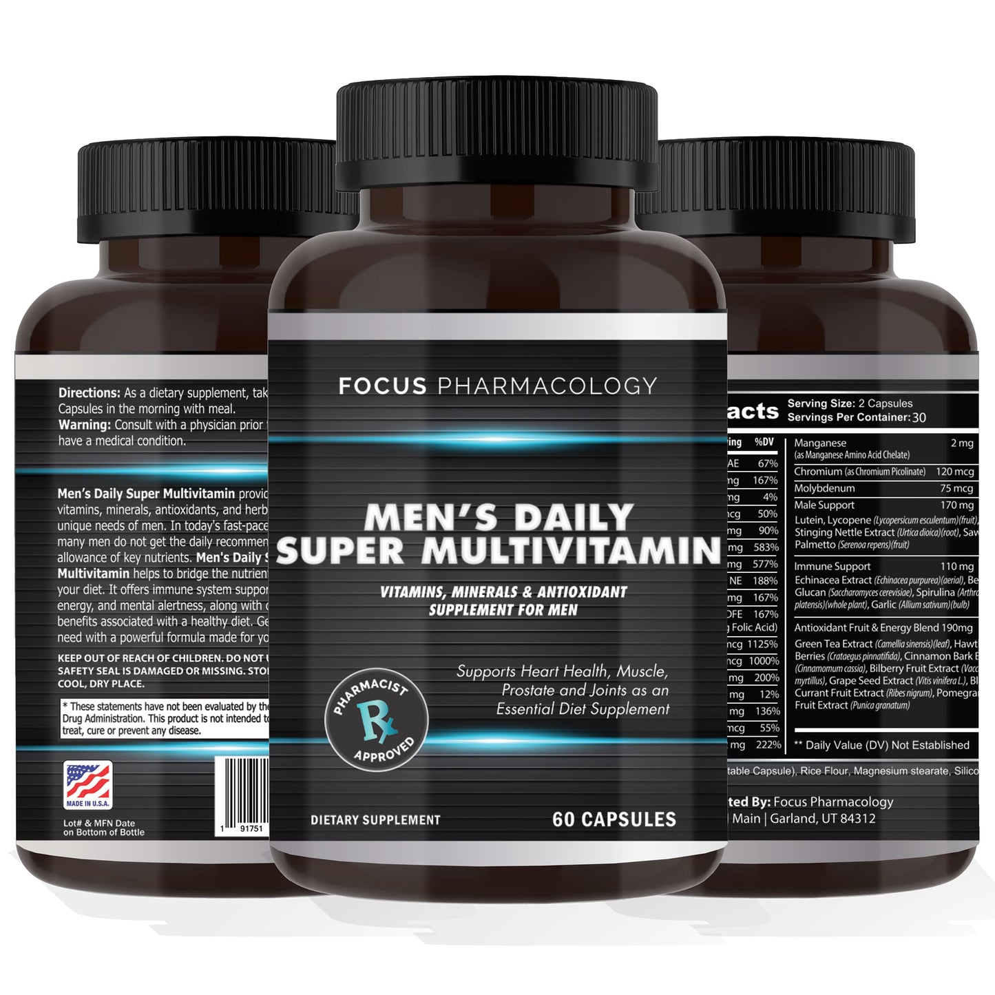 Focus Pharmacology Men's Daily Super Multi-Vitamin for Men - 60 Ct Blend of Vitamins, Minerals, Plus Herbs for Prostate Health and General Energy/Focus Focus PharmacologyBuy Supplements Australia