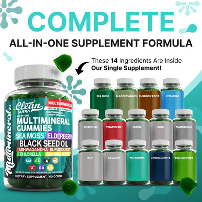Sea Moss Gummies | Clinically Tested - Black Seed Oil Ashwagandha Elderberry Burdock Root Chlorella Manuka Honey - Vegan Irish Sea Moss Gummy Vitamins