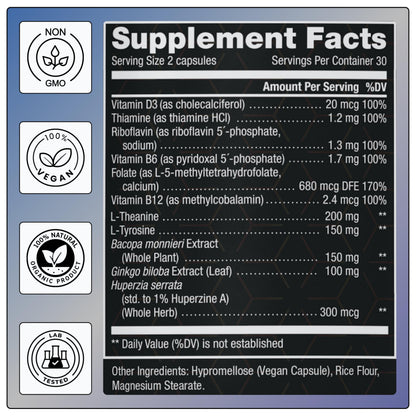 11-in-1 Supplement: Supports Memory & Cognition - 100mg Ginkgo 150mg Bacopa 300mcg Huperzine 200mg L-Theanine 150mg L-Tyrosine & Bioactive B-Complex