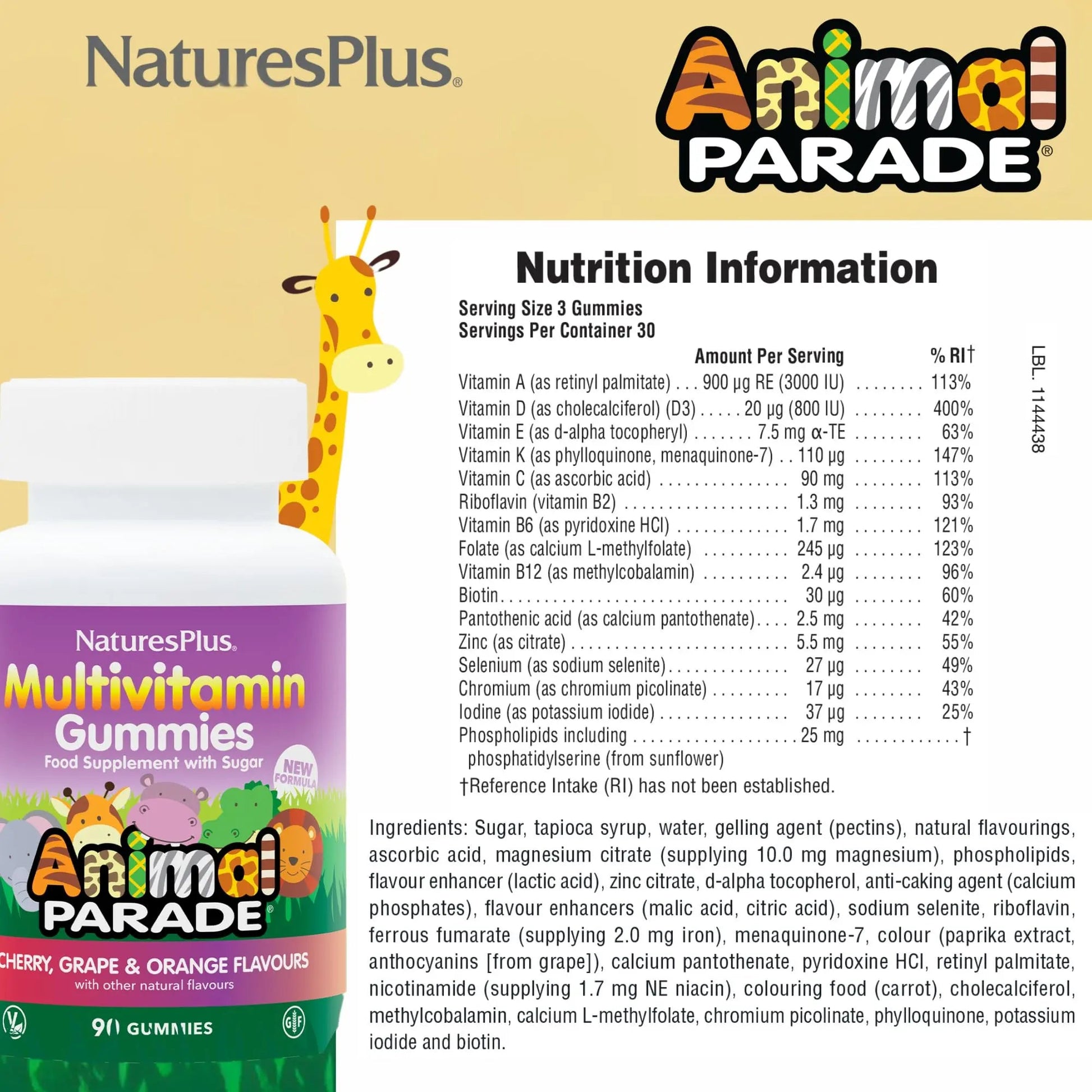 NaturesPlus Animal Parade Multivitamin Children's Gummies - 90 Count - Assorted Cherry, Grape & Orange Flavors NaturesPlus