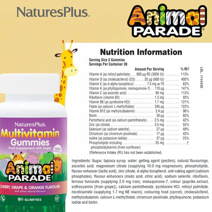 NaturesPlus Animal Parade Multivitamin Children's Gummies - 90 Count - Assorted Cherry, Grape & Orange Flavors NaturesPlus