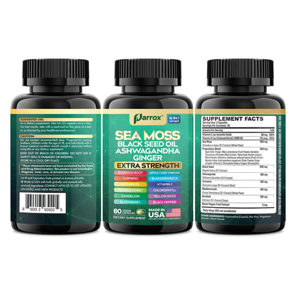 Parrox Sea Moss, Black Seed Oil, Ashwagandha, Turmeric, Chlorophyll, Dandelion, Ginger, Vitamin D3, Black Pepper, Elderberry, ACV, Yellow Dock, Burdock Root, Manuka, Vitamin C, Bladderwrack (60 Caps) ParroxBuy Supplements Australia