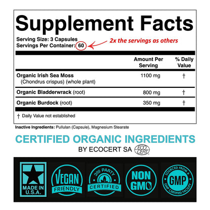 SPARTIS Certified Organic Sea Moss Capsules 2250mg Wildcrafted Irish Sea Moss Burdock Root Bladderwrack Supplement Raw Seamoss Pills & Powder (Pack of 1 at 180-Caps) SPARTISBuy Supplements Australia