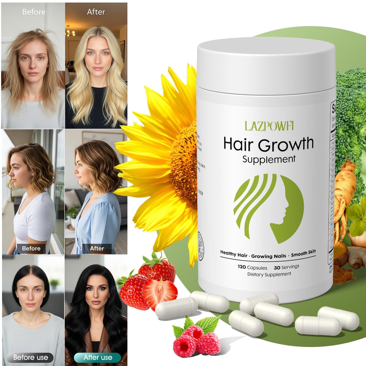 Lazpowfi Hair Growth Supplement, Biotin 10000mcg, 32-in-1 with Vitamin A, B3, C, Magnesium, Calcium, Hair Growth Products, Supports Hair & Nails Natural Growth Vitamins, for Women & Men - 30 Servings LazpowfiBuy Supplements Australia