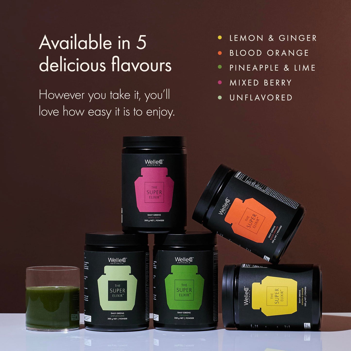WelleCo The Super Elixir Daily Greens Powder, Probiotic Drink Mix with Whole Foods, Gluten Free, Vegan Gut Health Powder, Energy, Immunity, Healthy Skin, Hair & Nails (Jar, Blood Orange) WelleCoBuy Supplements Australia