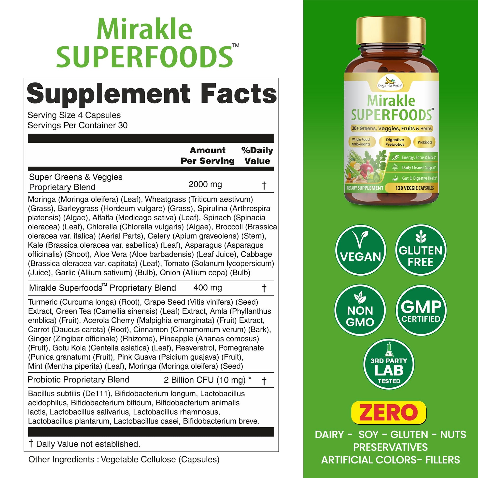 Organic Veda Mirakle Superfoods Greens Capsules - 30+ Daily Greens and Veggies Supplement with Moringa, Spirulina, Chlorella, Turmeric & Herbs, Antioxidants, Resveratrol, Probiotics - 120 Capsule Organic VedaBuy Supplements Australia