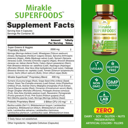 Organic Veda Mirakle Superfoods Greens Capsules - 30+ Daily Greens and Veggies Supplement with Moringa, Spirulina, Chlorella, Turmeric & Herbs, Antioxidants, Resveratrol, Probiotics - 120 Capsule Organic VedaBuy Supplements Australia