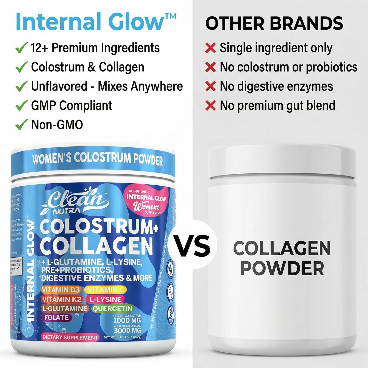 Bovine Colostrum Powder + Collagen Peptides with L-Glutamine L-Lysine Prebiotics Probiotics Digestive Enzymes Vitamin D K2 C Quercetin & Folate | Gut Health Supplement Internal Glow By Clean Nutra Clean NutraceuticalsBuy Supplements Australia