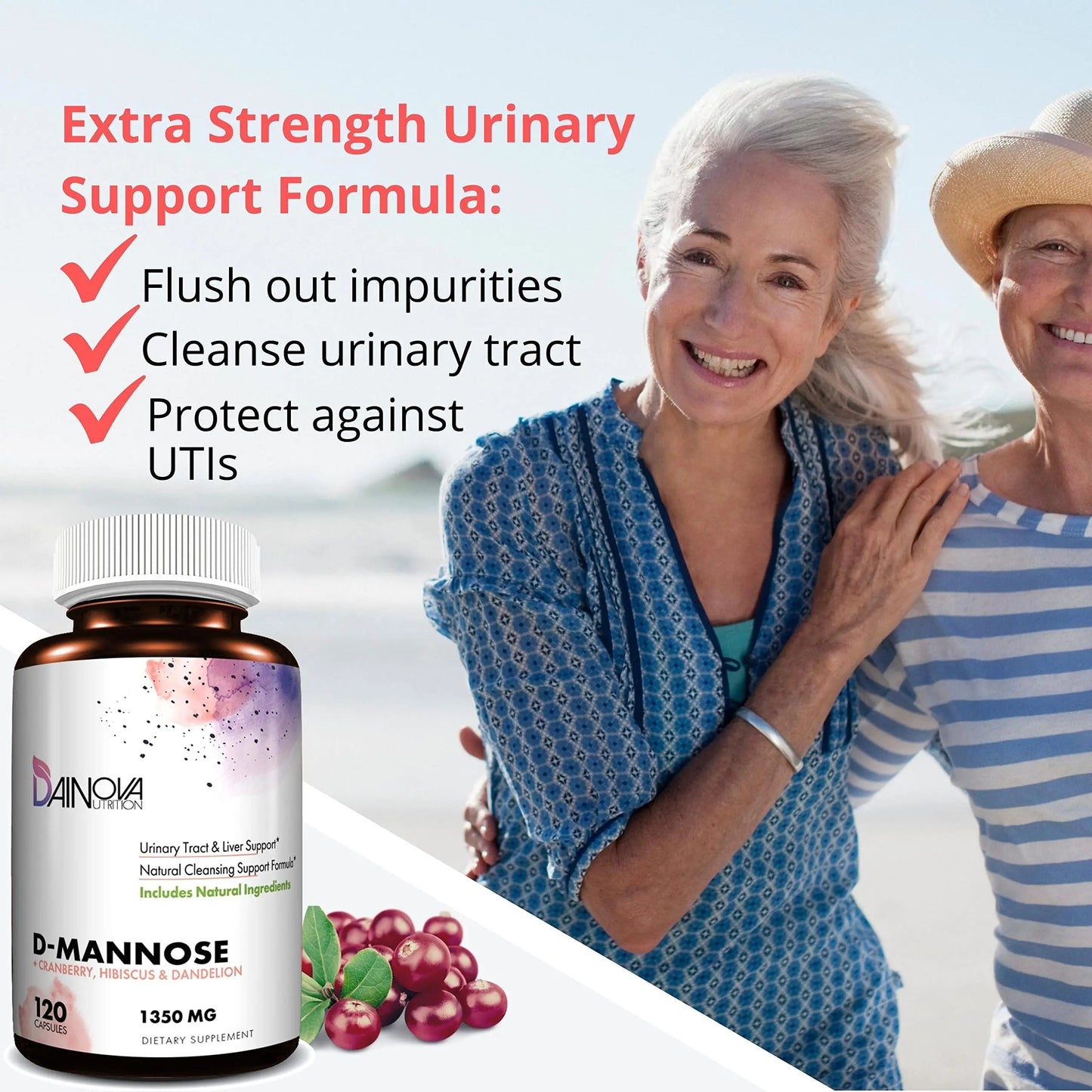 Dainova D Mannose 1350mg with Cranberry I D-Mannose Capsules for UTI Prevention, Urinary Tract Support, Urinary Tract Health for Women, & Cleanse. W/Hibiscus & Dandelion, 120 Veggie Capsules Dainova NutritionBuy Supplements Australia