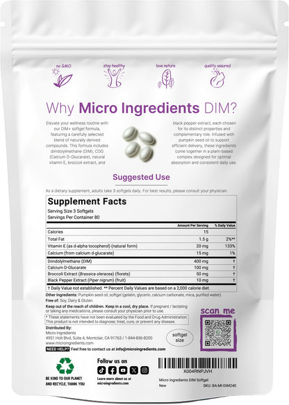 Micro Ingredients DIM+ Supplement 400mg for Men & Women | 240 Softgels with Pumpkin Seed Oil | Highly Bioavailable 7-in-1 Complex with Vitamin E, CDG, Broccoli & Black Pepper Extract Micro IngredientsBuy Supplements Australia