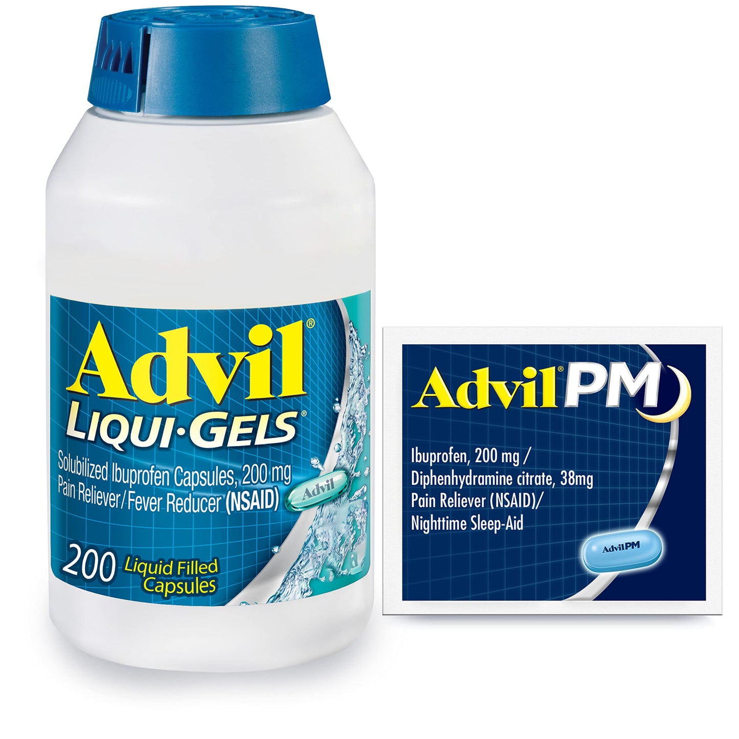 Advil Liqui-Gels Pain Reliever and Fever Reducer, Pain Medicine for Adults with Ibuprofen 200mg for Headache, Backache, Menstrual Pain and Joint Pain Relief - 200 Capsules, Advil PM Ibuprofen - 2 Ct AdvilBuy Supplements Australia