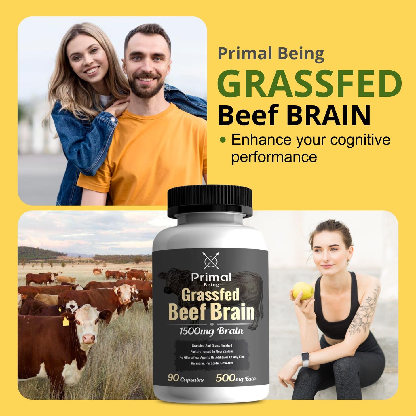 Primal Being Grassfed Beef Brain, Supports Memory, Mood, Focus, Energy, Cognitive Health - 90 Capsules, 1500mg per Serving Primal BeingBuy Supplements Australia