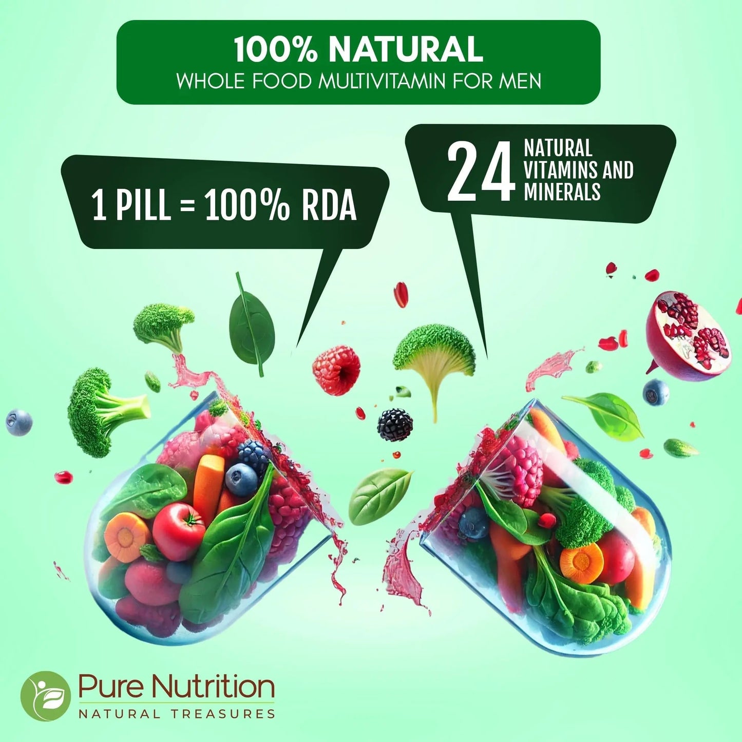 Pure Nutrition Whole Food Multivitamins for Men | 90 Tabs | One-A-Day | 100% RDA | 24 Natural Vitamins and Minerals | PURE NUTRITION NATURAL TREASURES